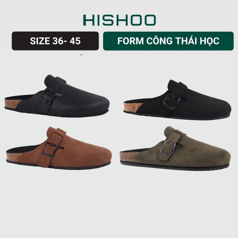 Ảnh Dép đế trấu sục Boston nam nữ unisex quai ngang da lộn/da saffiano đi học công sở bigsize chính hãng Hishoo VNXK  R109 1