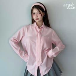 Thumbnail Áo sơ mi kẻ sọc kèm cà vạt tay dài màu xám và hồng Sweetheart Top thanh lịch công sở - Simple Twist 3