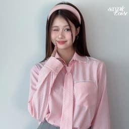 Thumbnail Áo sơ mi kẻ sọc kèm cà vạt tay dài màu xám và hồng Sweetheart Top thanh lịch công sở - Simple Twist 1