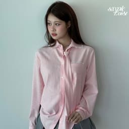 Thumbnail Áo sơ mi kẻ sọc kèm cà vạt tay dài màu xám và hồng Sweetheart Top thanh lịch công sở - Simple Twist 2