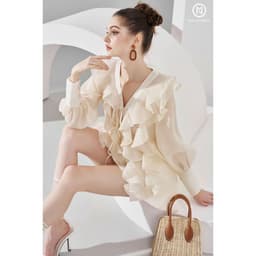 Thumbnail Áo thiết kế kem organza tơ bèo tay dài freesize MOLLYNISTA thanh lịch nữ tính cao cấp 2