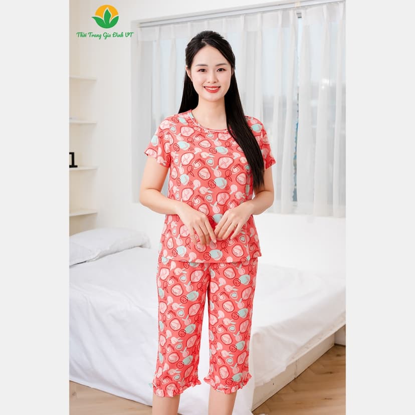 Ảnh Bộ lanh mặc nhà nữ thời trang Việt Thắng , quần lửng , áo cộc tay họa tiết - B06.5056 3