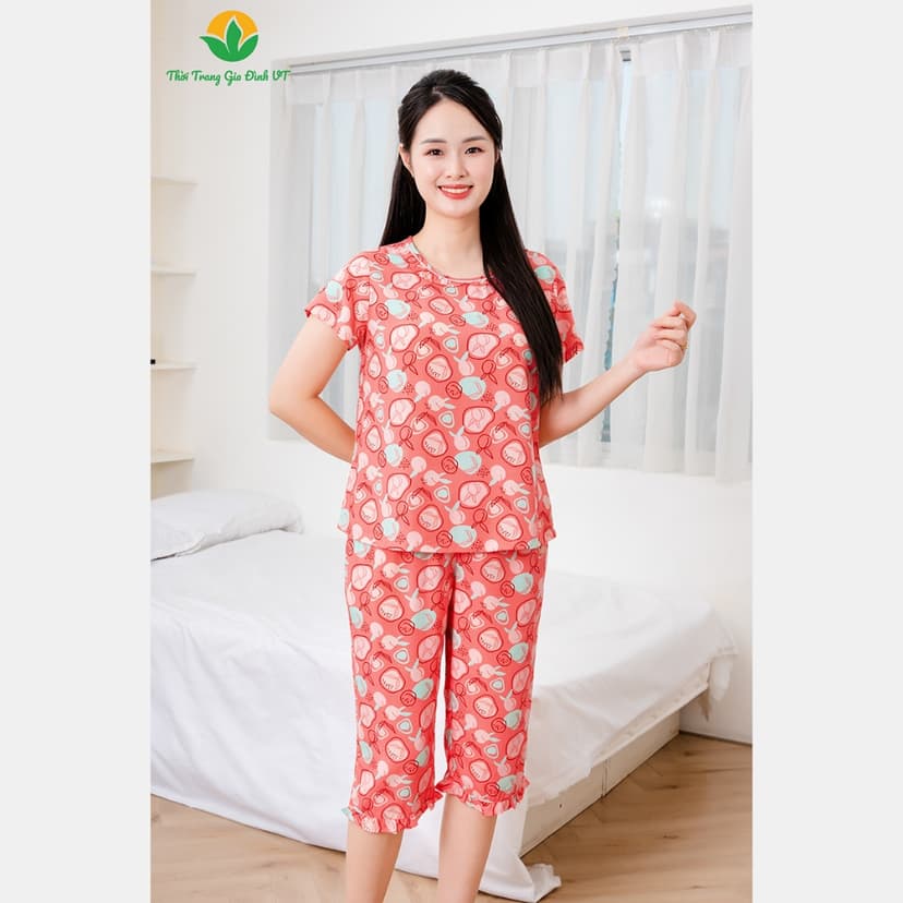 Ảnh Bộ lanh mặc nhà nữ thời trang Việt Thắng , quần lửng , áo cộc tay họa tiết - B06.5056 4