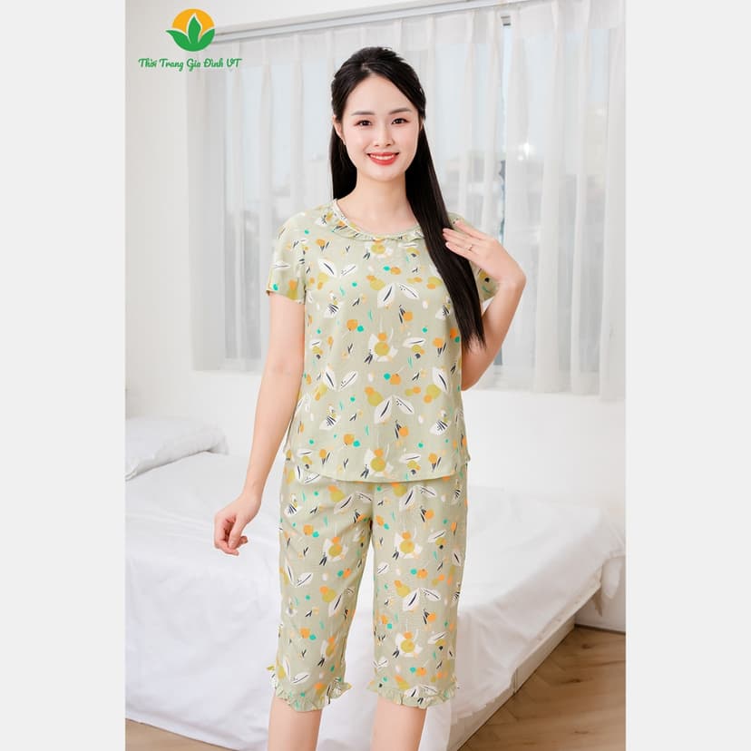 Ảnh Bộ lanh mặc nhà nữ thời trang Việt Thắng , quần lửng , áo cộc tay họa tiết - B06.5056 1
