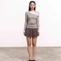 Thumbnail DOTTIE - Áo lệch vai phối bản đô - Xám - T1069 3