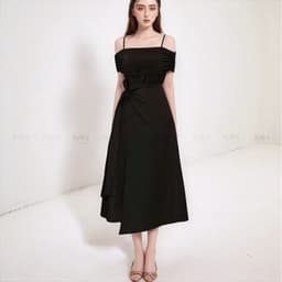 Thumbnail Đầm dự tiệc MINA hai dây trễ vai dáng xoè vạt chéo midi chất Cotton phối thun Lazong màu đen MN250 1