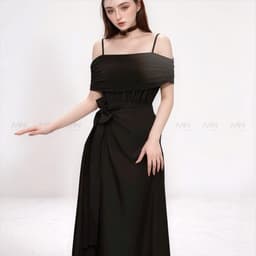 Thumbnail Đầm dự tiệc MINA hai dây trễ vai dáng xoè vạt chéo midi chất Cotton phối thun Lazong màu đen MN250 2