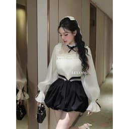 Thumbnail Áo Sơ Mi Tiểu Thư Tay Phồng Đính Ngọc LECOONG A13 Q13 Quần Dáng Bí Bo Chun Viền Ngọc Sang Chảnh 4