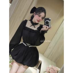 Thumbnail Áo Sơ Mi Tiểu Thư Tay Phồng Đính Ngọc LECOONG A13 Q13 Quần Dáng Bí Bo Chun Viền Ngọc Sang Chảnh 1