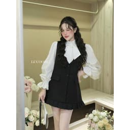 Thumbnail Set ĐầmTiểu Thư Dáng Suông Phối Sơ Mi Tay Bồng LECOONG B202 Đầm Đẹp Màu Đen Xám Đính Hoa Sang Chảnh 4