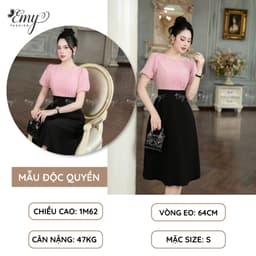 Thumbnail Đầm EMY EM7498 Xoè Phối Hồng Đen 1