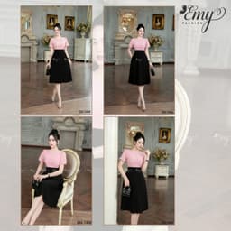 Thumbnail Đầm EMY EM7498 Xoè Phối Hồng Đen 3