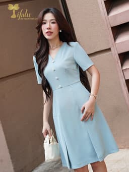 Thumbnail Váy nữ, Đầm chữ A cổ V đính cúc công sở, dự tiệc thanh lịch - ZOL415BLUE 3