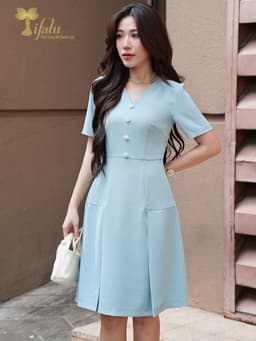 Thumbnail Váy nữ, Đầm chữ A cổ V đính cúc công sở, dự tiệc thanh lịch - ZOL415BLUE 4
