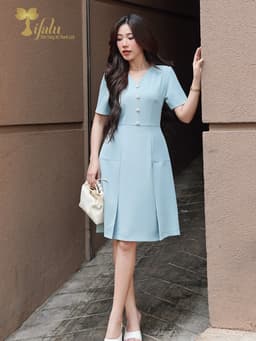 Thumbnail Váy nữ, Đầm chữ A cổ V đính cúc công sở, dự tiệc thanh lịch - ZOL415BLUE 2