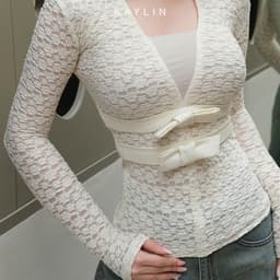 Thumbnail Áo kiểu KAYLIN tay dài phối ren họa tiết hoa mai chất vải thun ren co giản phong cách - N2438 4