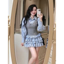 Thumbnail Váy Đẹp Dáng Ngắn Xếp Tầng LECOONG V745 Đầm Tiểu Thư Màu Xanh Phối Gile Sang Chảnh 3