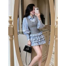 Thumbnail Váy Đẹp Dáng Ngắn Xếp Tầng LECOONG V745 Đầm Tiểu Thư Màu Xanh Phối Gile Sang Chảnh 4