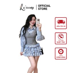 Thumbnail Váy Đẹp Dáng Ngắn Xếp Tầng LECOONG V745 Đầm Tiểu Thư Màu Xanh Phối Gile Sang Chảnh 1