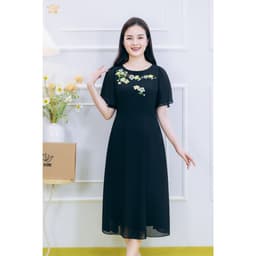 Thumbnail Đầm xòe trung niên cho mẹ - Cổ tròn thêu hoa tay loe - màu Đen - TTV Store thời trang nữ TTV1848 1