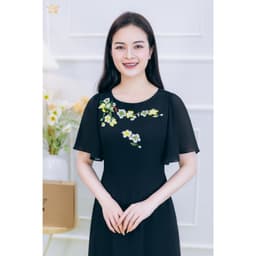 Thumbnail Đầm xòe trung niên cho mẹ - Cổ tròn thêu hoa tay loe - màu Đen - TTV Store thời trang nữ TTV1848 3