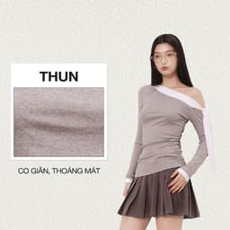 Thumbnail DOTTIE - Áo lệch vai phối bản đô - Xám - T1069 1