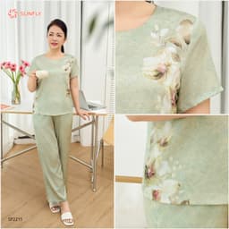 Thumbnail Đồ bộ mặc nhà nữ lụa satin jacquard SUNFLY áo cộc quần dài SP2215, bộ lụa trung niên mềm mịn 4