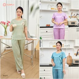 Thumbnail Đồ bộ mặc nhà nữ lụa satin jacquard SUNFLY áo cộc quần dài SP2215, bộ lụa trung niên mềm mịn 3