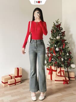 Thumbnail Quần Jean Ống Loe Nữ Thêu Thỏ Màu Đậm Dễ Phối Đồ ENVY J151 2