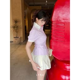 Thumbnail Áo sơ mi kẻ sọc ngắn tay LYRA phối cổ trắng thiết kế tay bo viền dáng ôm, dây rút sau eo - LWNSM007 4