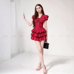 Thumbnail Đầm xoè tầng MINA dự tiệc chất Cotton màu đỏ đô thiết kế quyến rũ trẻ trung MN307 1