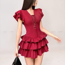 Thumbnail Đầm xoè tầng MINA dự tiệc chất Cotton màu đỏ đô thiết kế quyến rũ trẻ trung MN307 2