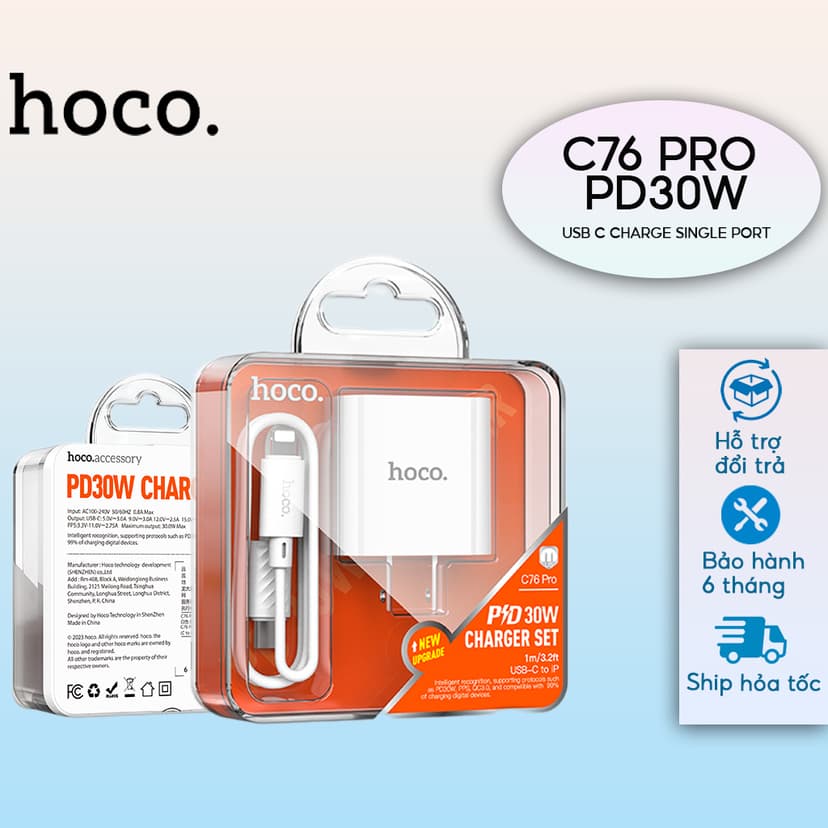 Ảnh Bộ Sạc Nhanh PD 30W Chính Hãng Hoco Dùng Cho IP 8-14-PRO-PLUS-PROMAX Chuẩn Cổng Type-C to L 1