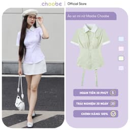 Thumbnail Áo sơ mi nữ Maidie Choobe cộc tay kẻ sọc chiết eo đuôi tôm phối dây nơ sau ASM12 1
