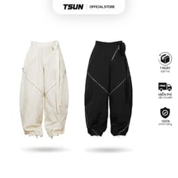 Thumbnail Quần Dài Dù Phối Dây Kéo Kim Loại - Màu Kem và Đen - Brand TSUN Chính Hãng [UNISEX] Form Ống Rộng 1