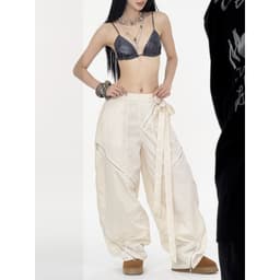 Thumbnail Quần Dài Dù Phối Dây Kéo Kim Loại - Màu Kem và Đen - Brand TSUN Chính Hãng [UNISEX] Form Ống Rộng 2