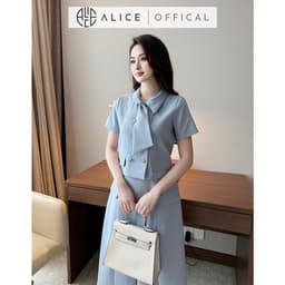 Thumbnail Set Váy Công Sở Thanh Lịch Alice Chất Tuytsi, Áo Ngắn Tay Cổ Sơ Mi Phối Vạt Kèm Chân Váy Dài Xếp Ly S845 3