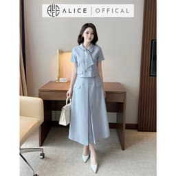 Thumbnail Set Váy Công Sở Thanh Lịch Alice Chất Tuytsi, Áo Ngắn Tay Cổ Sơ Mi Phối Vạt Kèm Chân Váy Dài Xếp Ly S845 4