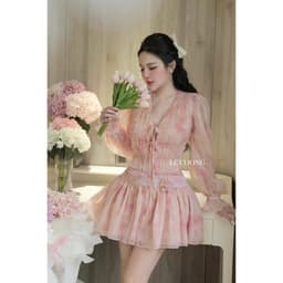 Thumbnail Váy Tiểu Thư Voan Tơ Hồng Xanh Dáng Ngắn Tay Bồng  LECOONG V749  Đầm Hoa Đi Biển Đẹp Sang Chảnh 3