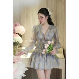 Thumbnail Váy Tiểu Thư Voan Tơ Hồng Xanh Dáng Ngắn Tay Bồng  LECOONG V749  Đầm Hoa Đi Biển Đẹp Sang Chảnh 2