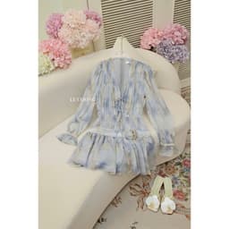 Thumbnail Váy Tiểu Thư Voan Tơ Hồng Xanh Dáng Ngắn Tay Bồng  LECOONG V749  Đầm Hoa Đi Biển Đẹp Sang Chảnh 4