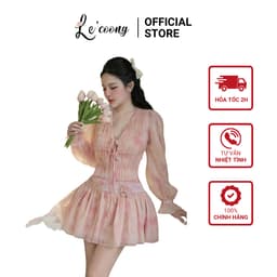 Thumbnail Váy Tiểu Thư Voan Tơ Hồng Xanh Dáng Ngắn Tay Bồng  LECOONG V749  Đầm Hoa Đi Biển Đẹp Sang Chảnh 1