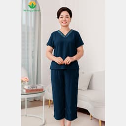 Thumbnail Bộ lanh trung niên mặc mùa hè Việt Thắng quần lửng, áo cộc tay cổ V thêu họa tiết - B26.5093 1