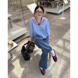 Thumbnail TheBlueTshirt - Áo kiểu kẻ sọc caro cổ thuỷ thủ viền ren zigzag cho nữ - School Girl Shirt - Women 2