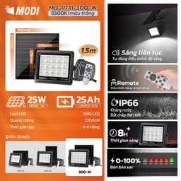 Thumbnail Đèn Năng Lượng Mặt Trời MODI SOLAR 100W 200W 300W, Chống Nước IP65, Điều Khiển Từ Xa, Chế Độ Tự Động 3