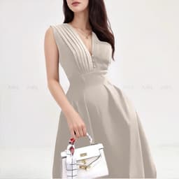 Thumbnail Đầm dự tiệc MINA dáng xoè midi cổ chữ V xếp ly ngực sát nách màu nude da sang trọng quyến rũ xinh đẹp MN182 3