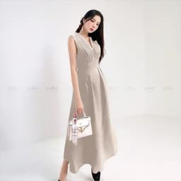 Thumbnail Đầm dự tiệc MINA dáng xoè midi cổ chữ V xếp ly ngực sát nách màu nude da sang trọng quyến rũ xinh đẹp MN182 4
