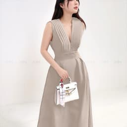 Thumbnail Đầm dự tiệc MINA dáng xoè midi cổ chữ V xếp ly ngực sát nách màu nude da sang trọng quyến rũ xinh đẹp MN182 2