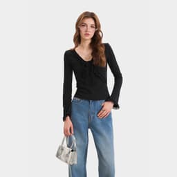 Thumbnail Áo Thun Kiểu Nữ MARC FASHION Form Ôm Tay Dài  Phối Viền - FAQH100524 4