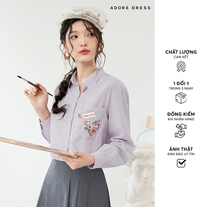 Ảnh 511SH1015-  Sơ mi thô sọc hồng thêu đính túi ADORE DRESS 1